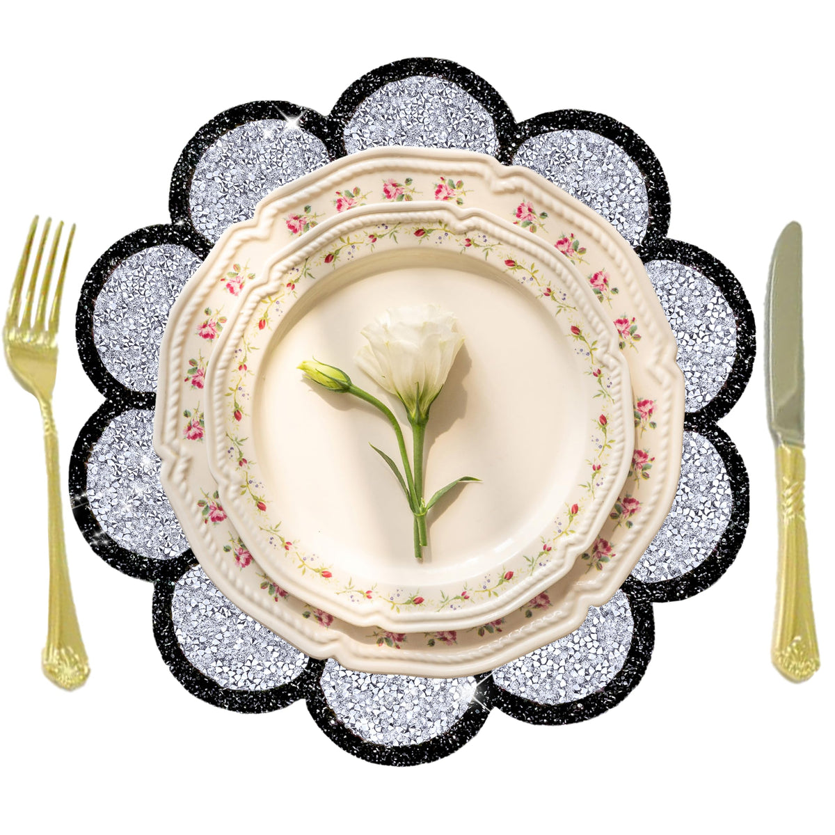 Washable Waterproof Diamond Circle Placemats for Round Tablescape Decor for Dinner and Kitchen Bling Placemats for Weddings & Special Events -2 PCS (Silver and Black)