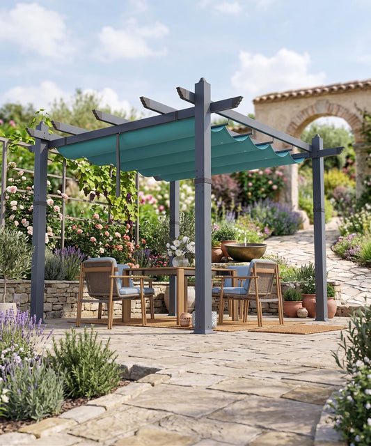 GarveeTech 10x10 ft Pergola Gazebo with Adjustable Canopy, Heavy-Duty Aluminum Sun Shelter with Faux Wood Finish for Outdoor Patio, Deck & Garden, Blue+White