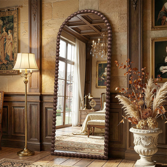 Antok 71" x 28" Arched Full Length Mirror, Antique Beaded Frame Floor Standing or Wall Mounted Mirror with Stand for Bedroom, Entryway, Brown, Luxury Style