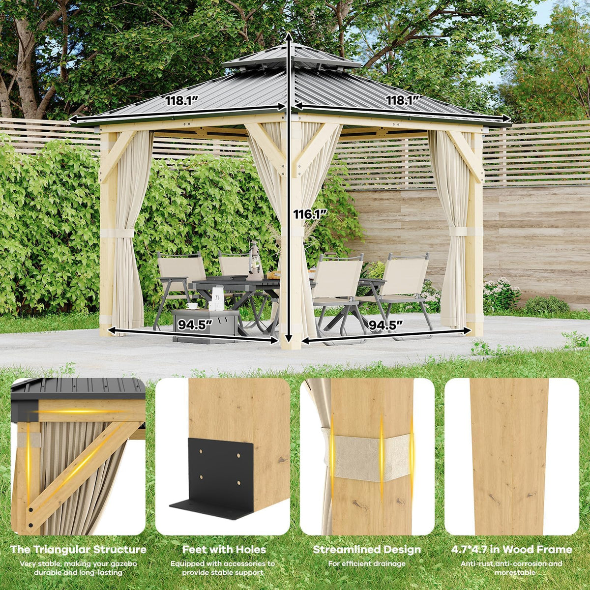 10x10 FT Hardtop Wood Gazebo, Outdoor Patio Pavilion with Cedar Frame, Double Galvanized Steel Roof, Curtains and Mesh Netting, Ceiling Hook Shelter for Backyard Deck Lawn Garden, Khaki