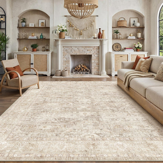WondRg 10x14 Beige Area Rug for Living Room Bedroom Neutral Soft Non Slip Rug Low Pile Vintage Distressed Large Carpet for Dining Room Nursery Office Indoor