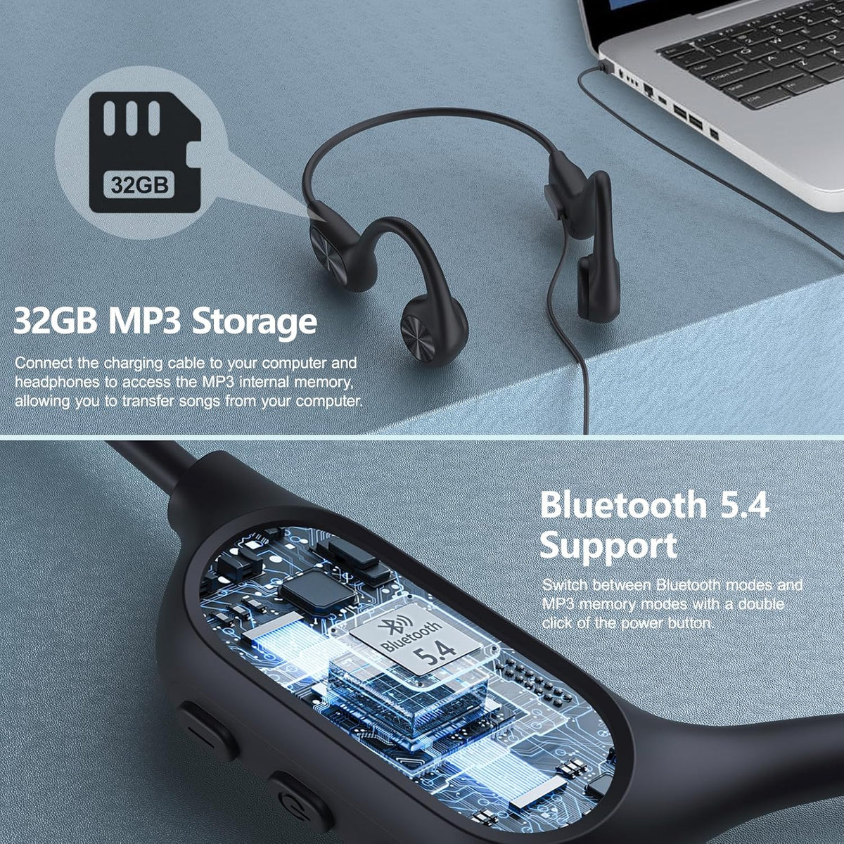 Swimming 5.4,IPX8 Earbuds,32G MP3-Player Swimming,Open Headphones,Bone Conduction Headphones Bluetooth Waterproof