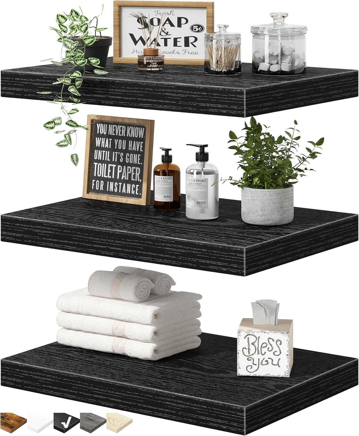 QEEIG 10" Deep Floating Shelves - Set of 3 Black Wall-Mounted Bookshelves for Bathroom, Bedroom, Kitchen & Living Room