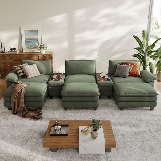 LINSY HOME Modular Sectional Sofa for Living Room, Corduroy Cloud Couch with Storage Console, USB Charging, Cup Holders, Comfy Modern Modular Cloud Couches with Movable Ottoman (Green)