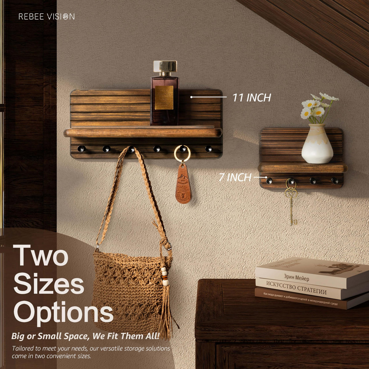 Rebee Vision Farmhouse Key Holder Wall Mount for Home Decor – Decorative Pine Wooden Key Holder for Wall with 6 Hooks & Floating Shelf - Rustic Charm for Room Decor Aesthetic (Brown)