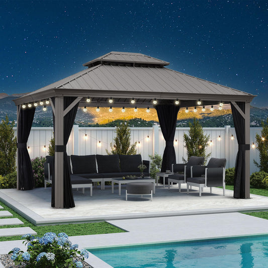 PURPLE LEAF 12' X 14' Permanent Hardtop Gazebo Galvanized Steel Double Roof Pavilion with Aluminum Frames Heavy Duty Patio Gazebo for Pool Patio Deck Garden,Netting and Curtains Included, Light Grey