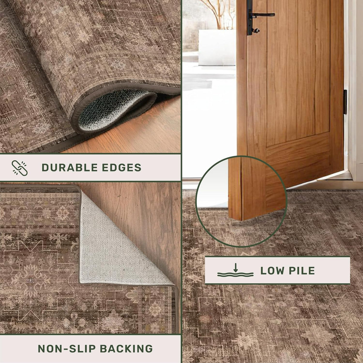 Skiennix Brown Boho Runner Rug - Washable 2x7, Non-Slip, Stain Resistant, Soft Faux Wool for Hallway & Kitchen
