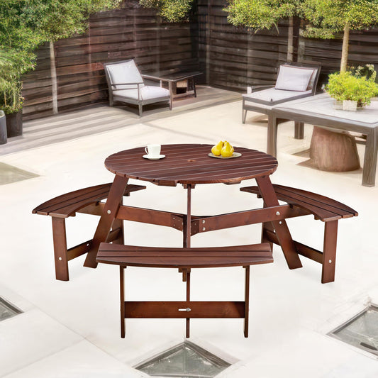 Royard Oaktree 6 Person Wooden Picnic Table, Outdoor Round Picnic Table with 3 Built-in Benches and Umbrella Hole, Outside Table and Bench Set for Backyard, Garden, Porch, Patio, Brown