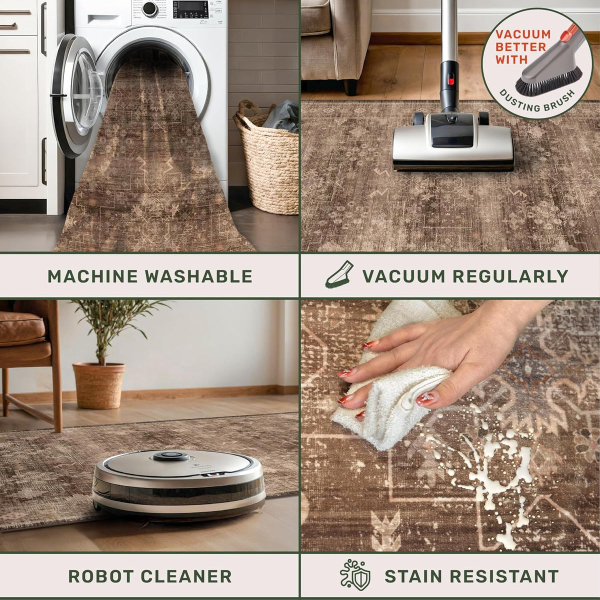 Skiennix Brown Boho Runner Rug - Washable 2x7, Non-Slip, Stain Resistant, Soft Faux Wool for Hallway & Kitchen