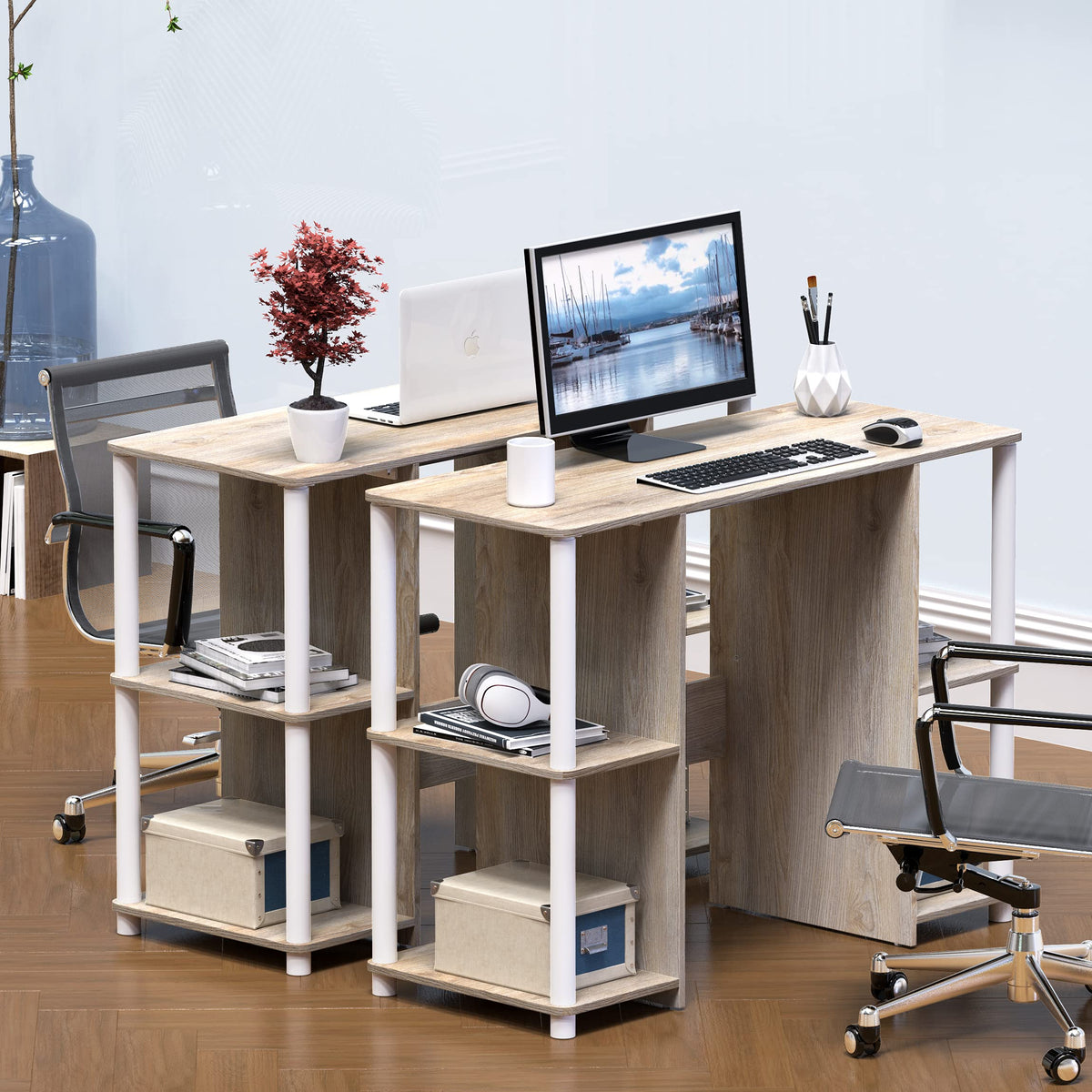 SHW 38-Inch Home Office Wood Desk with Double Sided Shelves, Oak