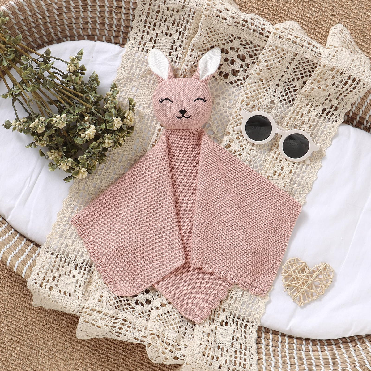 LAWKUL Bunny Lovey Baby Blanket Soft Cuddly Security Blanket Knit Snuggle Comfort for Newborns Toddler Boy Girl Pink 16x16in