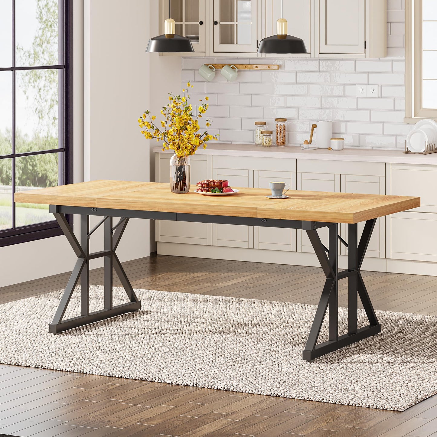 Tribesigns Farmhouse Dining Table for 6 People, 70.8-Inch Rectangular Wood Dining Table, Rustic Kitchen Table with Heavy Duty Metal Legs for Dining Room