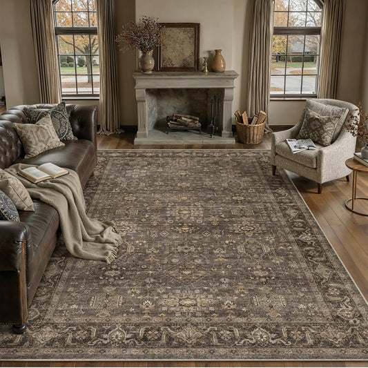 WondRg 12x15 Washable Area Rug for Living Room Bedroom Vintage Brown Non Slip Carpet Traditional Retro Soft Low Pile Large Throw Rug for Dining Room Kitchen Office Indoor
