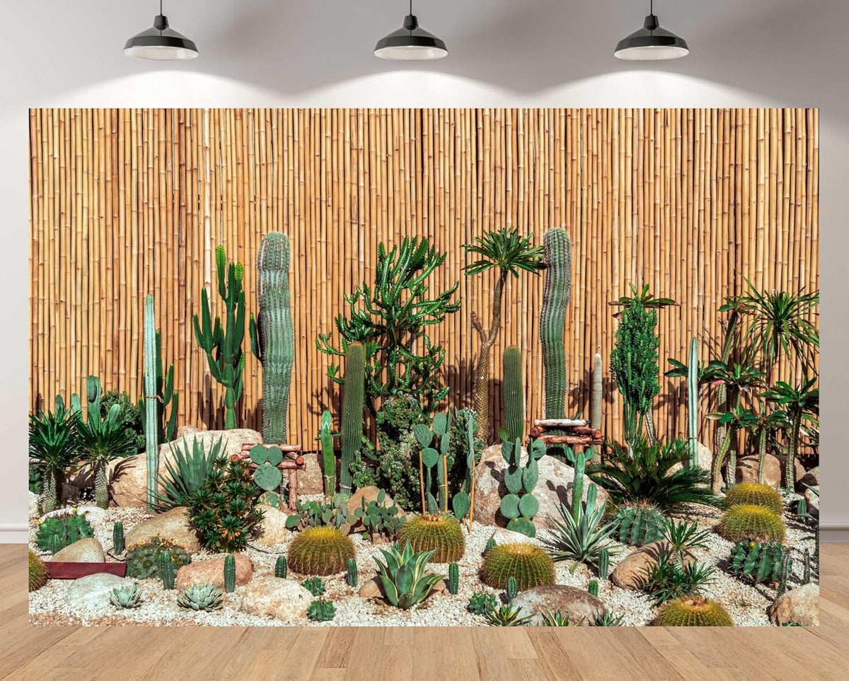 MAEQLQLM 9x6ft Desert Cactus Garden Backdrop Variety Cacti Succulents Bamboo Fence Background for Nature Theme Party