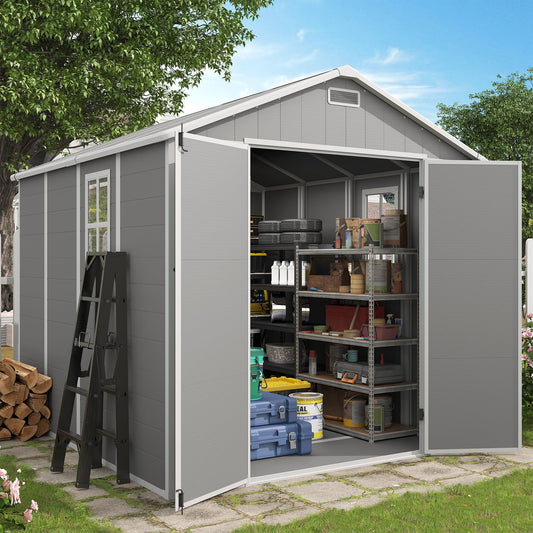 Amopatio 8x8 FT Resin Storage Shed, Outdoor Shed with Floor Included, Plastic Storage Sheds for Bike, Garden Tools, Sheds & Outdoor Storage with Lockable Door, Window & Vents, Grey & White