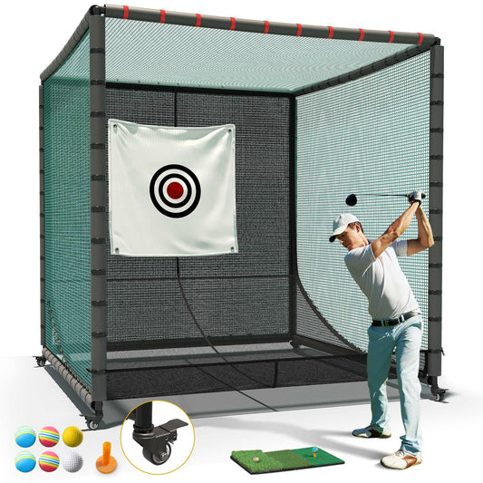 Shopsource 7x7x7Ft Golf Cage with Ball Return Net and Wheels, Metal Frame, Rubber Hose, Golf Hitting Net for Indoor Outdoor Lawn Practice Movable (with 1 Hitting Mat 6 PU Balls 1 tee)
