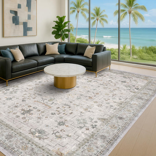 Hazo Haus Boho Light Grey Living Room Rug 10x14 - Modern Vintage Eclectic Floral Pastel Neutral Taupe, Washable Low Pile Non-Slip Extra Large Area Rugs for Dining Under Table Bedroom Lounge