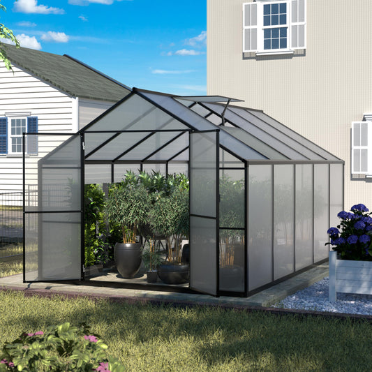 Yardenaler 8x10 FT Outdoor Aluminum Greenhouse Kit, Polycarbonate Aluminum Walk-in Greenhouse with Adjustable Roof Vent and Lockable Door, Backyard Garden in Winter, Gray