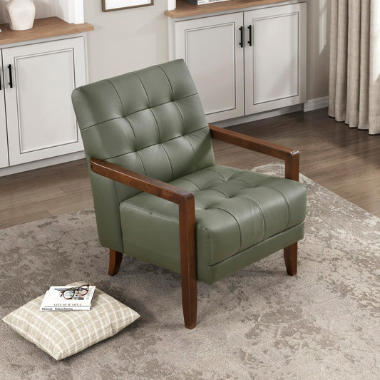 Lexicon Modern Accent Chair, Luxury Genuine Leather Match Living Room Chair with Tufted Cushions, Solid Wood Frame and Arm Rest, Comfy Upholstered Single Seat for Bedroom/Reading/Office, Green