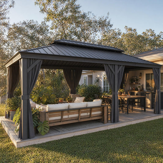 HOTEEL 12x20 Gazebo on Clearance with Metal Roof, Heavy Duty Hardtop Gazebo with Flame-Retardant Curtain & Netting, Outdoor Hard Top Gazebos with Galvanized Steel Double Roof for Backyarad,Patio Black