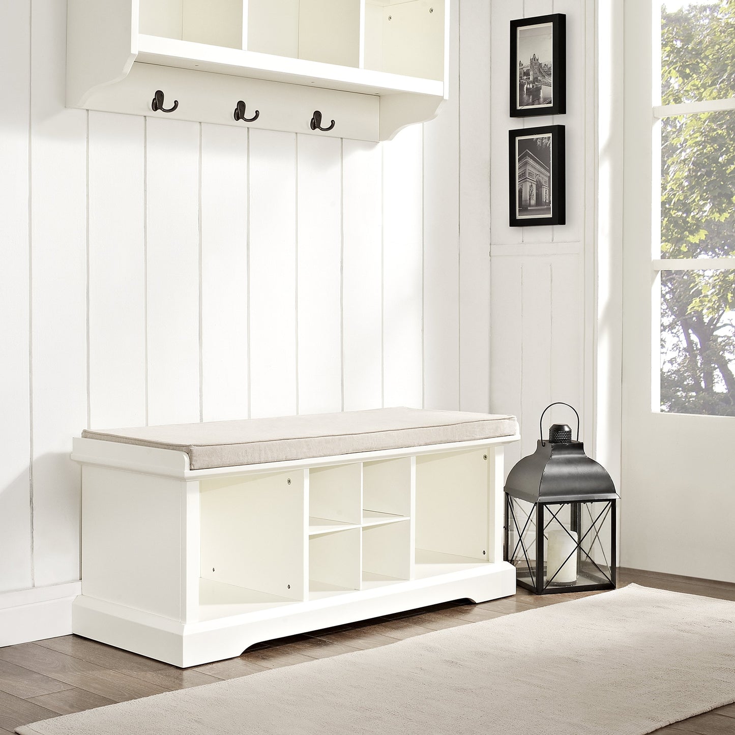 Crosley Furniture Brennan Entryway Storage Bench with Bins and a Shoe Rack Organizer, White