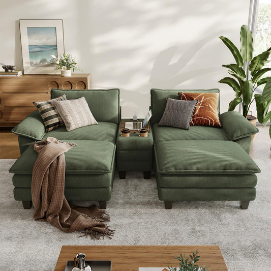 LINSY HOME Modular Sectional Sofa for Living Room, Corduroy Cloud Couch with Storage Console, USB Charging, Cup Holders, Comfy Modern Modular Cloud Couches with Movable Ottoman (Green)