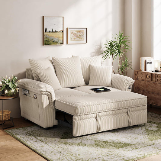 LINSY HOME Sectional Loveseat Sofa with Pull Out Chaise (Beige, 62.5'')