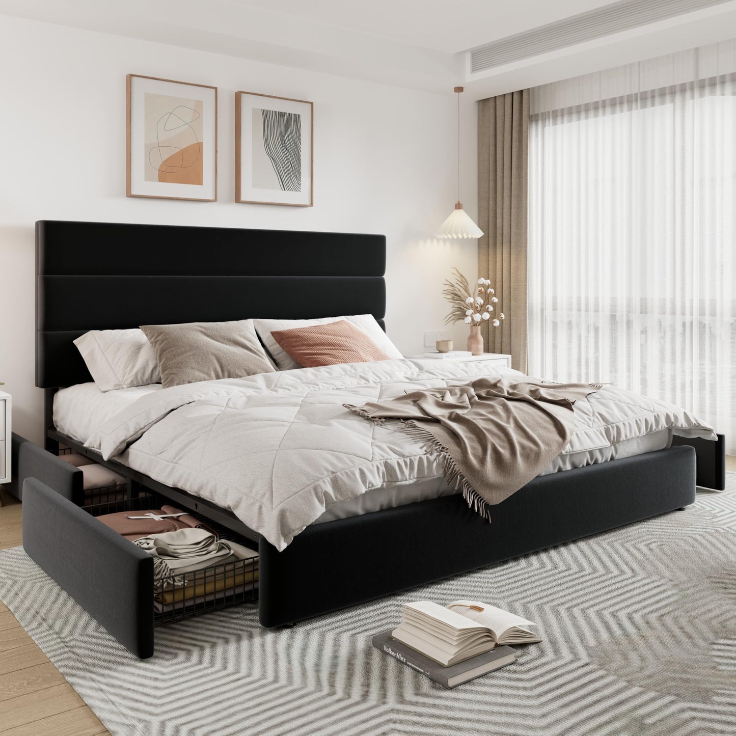 Allewie Modern King Size Platform Bed Frame with 4 Storage Drawers and Velvet Upholstered Headboard, Wooden Slats Support, Upholstered Mattress Foundation/No Box Spring Needed/Easy Assembly, Black