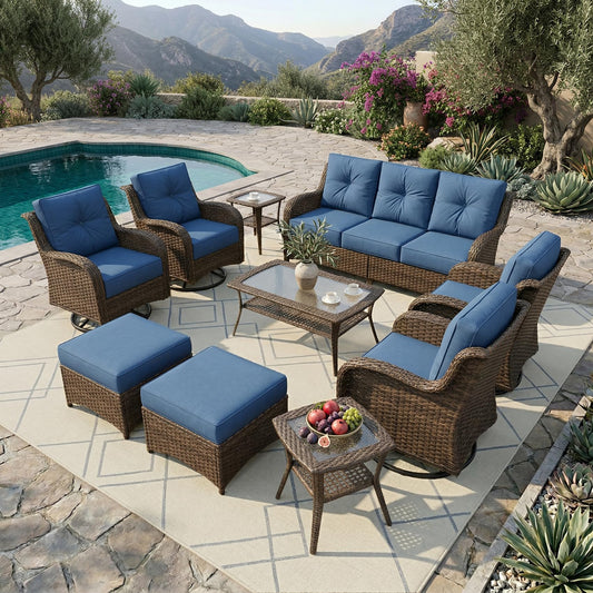 SAILARY Patio Furniture Set, 10PCS Outdoor Wicker Conversation Set with 6" Thick Cushions, High Back Rattan Sofa & Swivel Rocker Chairs, Weather Resistant Olefin Fabric for Garden, Poolside, Navy Blue