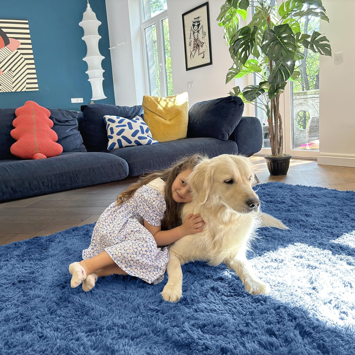 OLANLY Large 5x7 Machine Washable Area Rug - Soft Fluffy Shaggy Carpet for Living Room & Bedroom | Blue