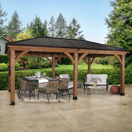 Backyard Discovery Barrington 20' x 12' Cedar Wood Outdoor Gazebo Pavilion with Hardtop Galvanized Steel Hip Roof, Snow Support, Wind Resistance, PowerPort, Shade for Garden, Patio, Deck, Entertaining