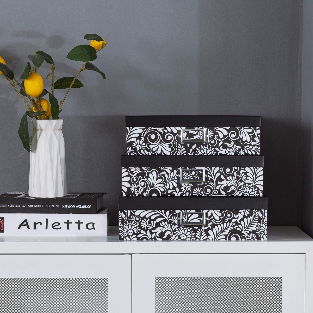 Soul & Lane Modern Botanical Decorative Cardboard Boxes with Lids, Set of 3 Black and White Floral Letter Storage for Documents, Memory Boxes for Keepsakes, Photos, Scrapbooks