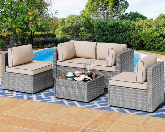 Shintenchi 5 Pieces Outdoor Patio Furniture Sets, Patio Sectional Sofa Couch, Gray PE Wicker Furniture Modular Patio Conversation Sets Patio Sofa with Washable Cushions & Table（Khaki）