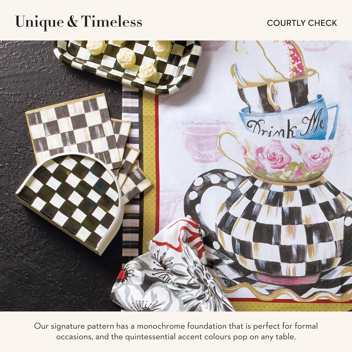 MACKENZIE-CHILDS Cocktail Napkin Holder, Kitchen Napkin Holder for Table and Countertop, Black-and-White Courtly Check