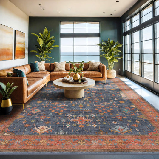 Boho Navy Blue 10x14 Area Rug for Living Room, Extra Large Dining Room Rugs for Under Table, Soft Low Pile Carpet for Bedroom - Vintage Floral Rug, Non-Slip & Stain Resistance (10x14 Navy Blue)