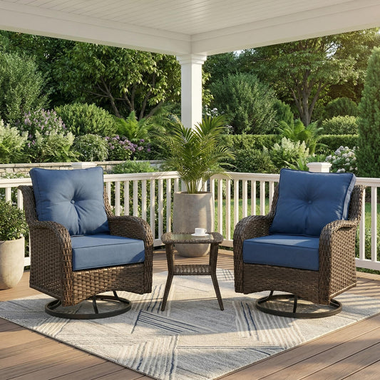 SAILARY Patio Furniture Set, 3PCS Outdoor Wicker Conversation Set Porch Furniture with 6" Thick Cushions, High Back Swivel Chairs, Weather Resistant Olefin Fabric for Garden, Poolside, Navy Blue