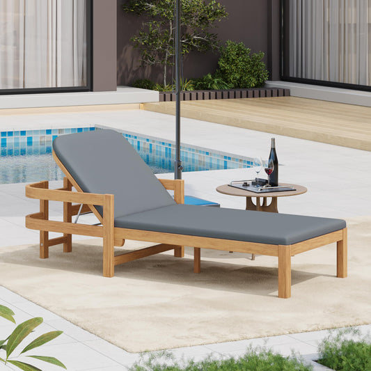 Christopher Knight Home Kayas Acacia Wood Chaise Lounge with Adjustable Backrest, 77.5" Outdoor Sun Lounger with Cushion, Modern Patio Lounger Recliner Chair for Poolside Lawn, Light Teak+Gray, 1PCS