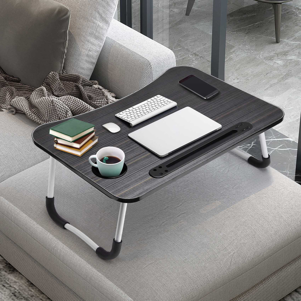 Slendor Lap Desk with Cup Holder, Foldable Laptop Table for Bed, Portable Bed Desk for Laptop and Writing, Computer Tray with Tablet Slot, Notebook Stand Reading Holder for Couch Sofa Floor,Black