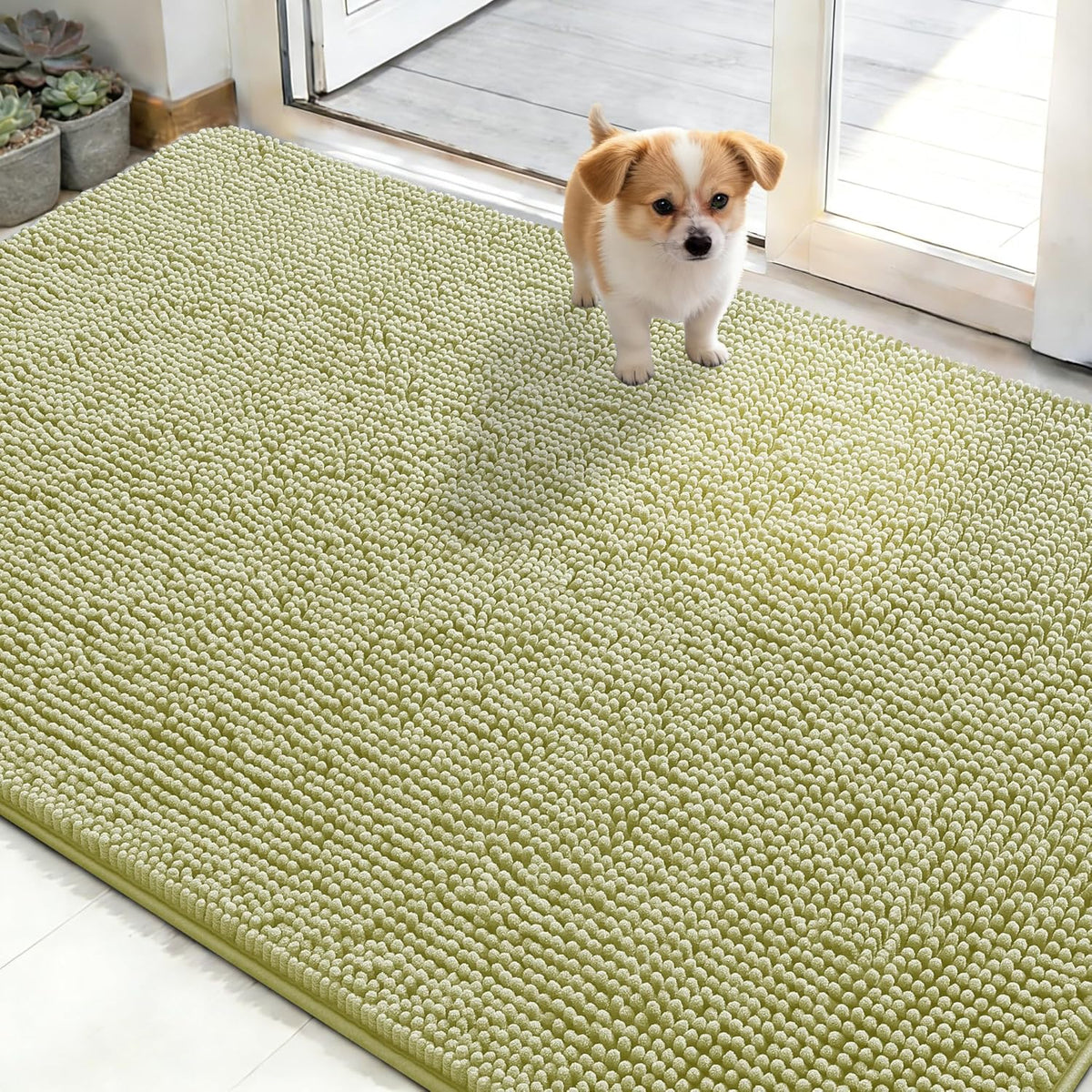 OLANLY Dog Door Mat - Absorbent Non-Slip Washable Chenille Mat for Muddy Paws | 48x30, Vanilla