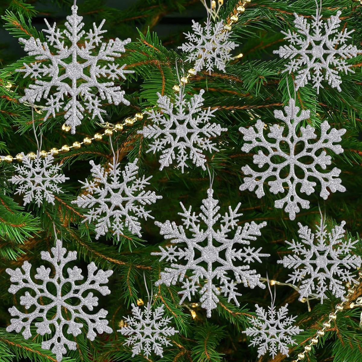 Skiennix Silver Snowflake Ornaments - 36 Pack Glittery Plastic Decorations for Winter & Christmas Trees