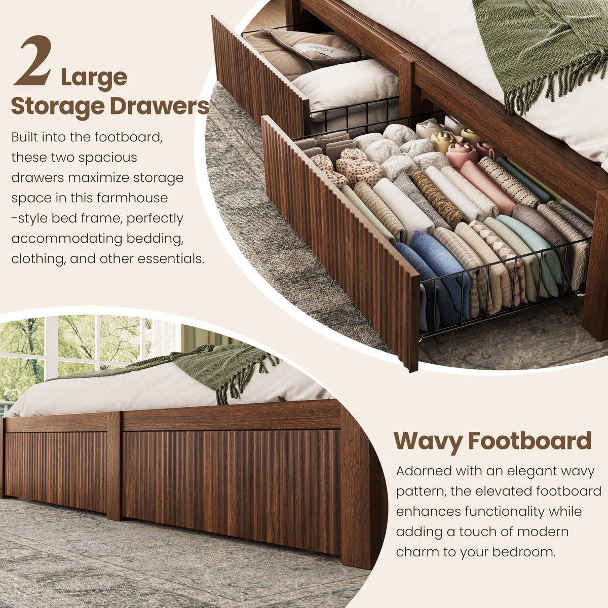 CypBed King Size Bed Frame and Headboard& 2 Storage Drawers, King Bed Frame with LED Light and Charging Port, Farmhouse Wavy Design, Wood & Metal Platform, Noise-Free, No Box Spring Needed, Walnut