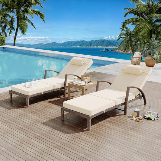 GarveeLife 2-Piece Rattan Patio Folding Chaise Lounge, 5-Position Adjustable Backrest Outdoor Lounge Chair with Cushion and Pillow for Poolside, Backyard, Deck, Porch, Beige