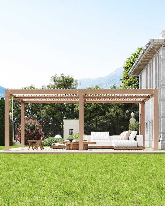 GarveeLife Louvered Pergola 12 ft x 20 ft, Outdoor Pergola with Adjustable Louvered Roof, Reinforced Aluminum Frame, Integrated Drainage System, Hardtop Gazebo for Patio, Deck, Wood Grain