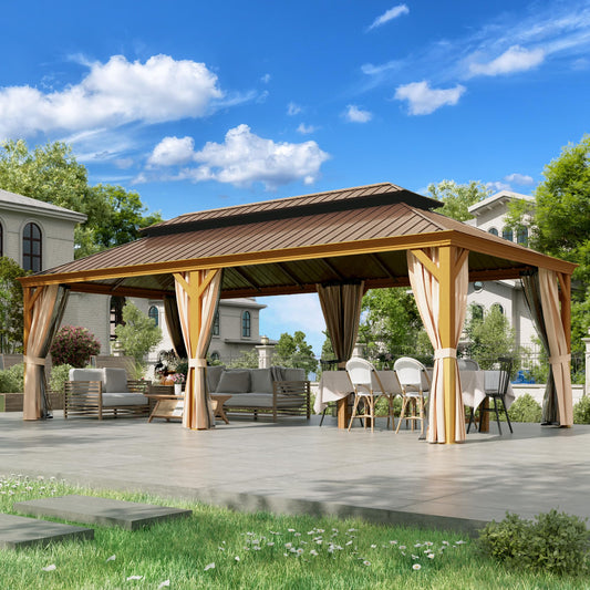 EROMMY 12'x24' Hardtop Gazebo, Galvanized Steel Double Roof with Wood Grain Aluminum Frame, Outdoor Gazebo with Curtains and Nettings for Patio, Backyard and Deck