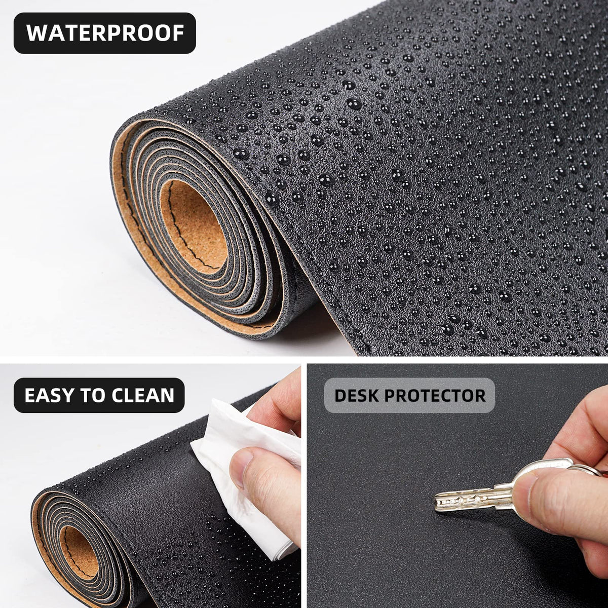Large Desk Mat 47.2" x 17" Leather Desk Pad Protector with Natural Cork & PU Leather, Non-Slip Office Desk Mat, Large Mouse Pad, Waterproof Desk Blotter pad for Office&Home(Black)