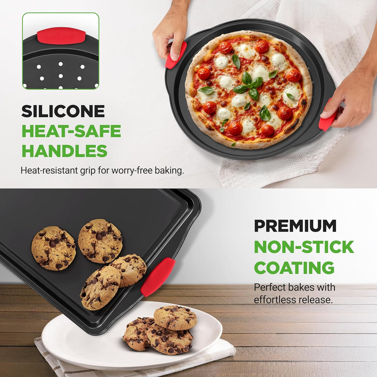 NutriChef Non-Stick Baking Pans Set - Deluxe Commercial Grade Bakeware with Red Silicone Handles | 8 Piece Gray Coating