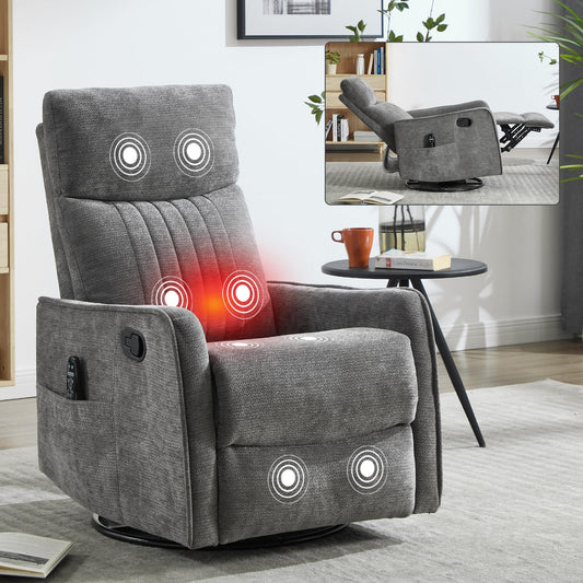 KEIKI 4-in-1 Manual Swivel Rocker Recliner Chair for Living Room, Chenille Nursery Glider Rocking Chairs with Back Massager & Heat, Ideal for Senior Adults True Relaxation, Dark Gray