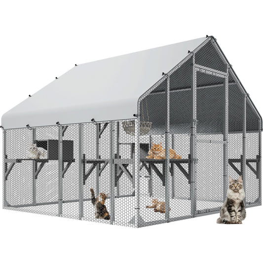YITAHOME 94 Inch Outdoor Cat Enclosure, Extra Large Outdoor Cat House for Multiple Cats, Metal Cat Cage with Weatherproof Roof, 7 Platforms, 2 Resting Box and Cat Hammock Bed