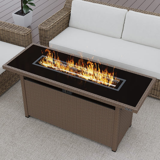 EAST OAK 57" Gas Fire Pit Table, 60,000 BTU Propane Fire Pit w/Large Tempered Glass Desktop, CSA Certified Outdoor Patio Fire Table with 9.2lb Glass Stone & Removable Lid, Chocolaty Coffee