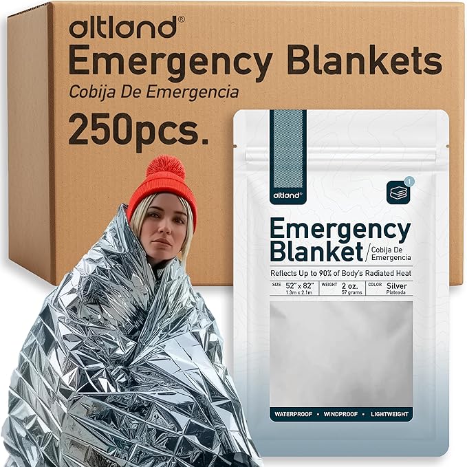 Altland 250 Pack of Emergency Blankets - Heat Reflective Blankets for Winter Survival Kits, Disaster Preparedness, Cold Weather Camping, and Homeless Care Packages